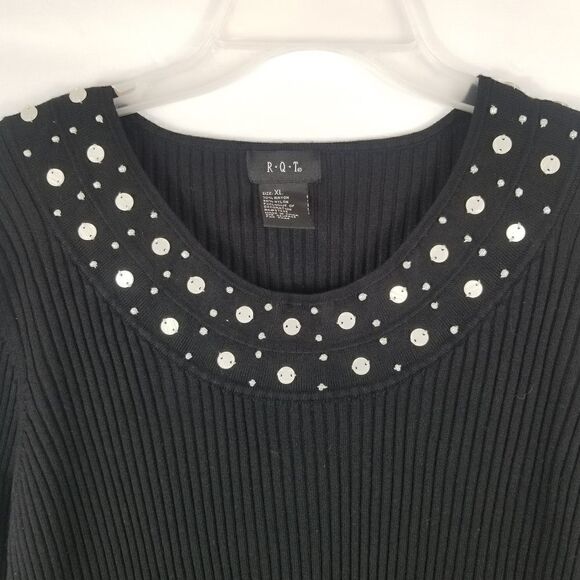 R-Q-T RIBBED BLACK KNIT SWEATER W/ BEADS. SZ XL - Picture 3 of 11